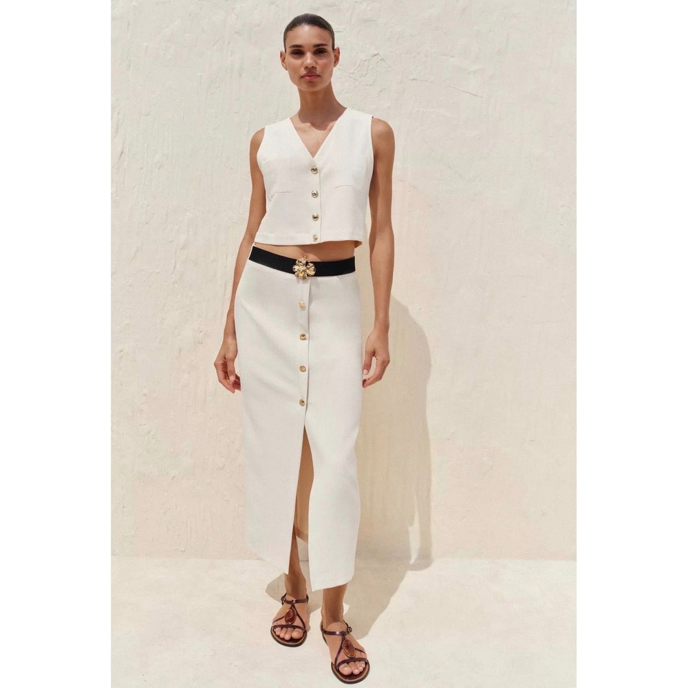 Zara Women Cream Button Front Midi Skirt Gold Brooch Contrast Waistband‎ Slit XL